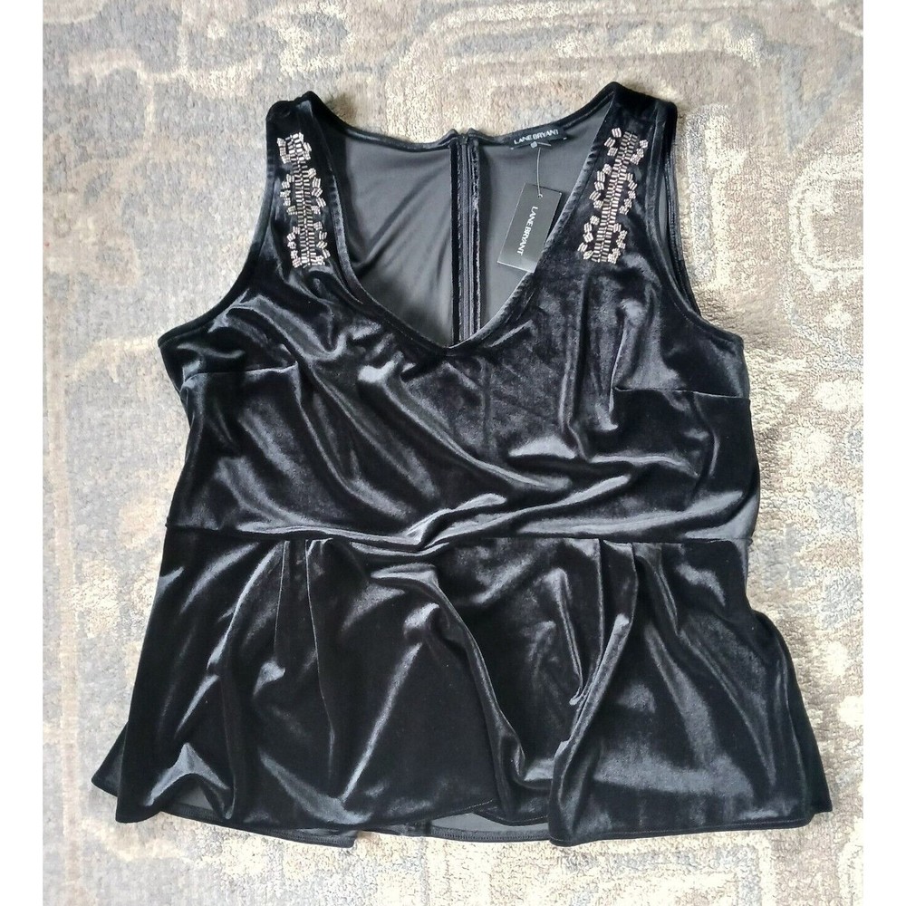 Lane Bryant Peplum Top Womens 18/20 Black Velvet Beaded Stretch Sleeveless Zip